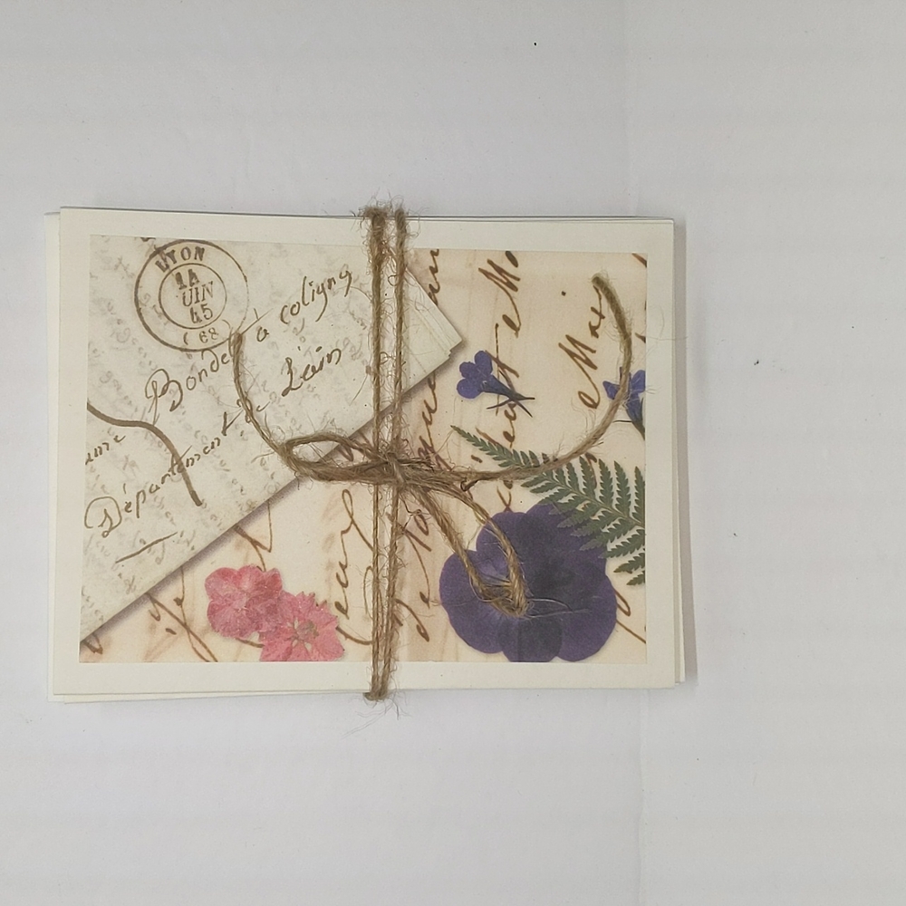 Set of 6 pansy and old letter patterned blank note cards